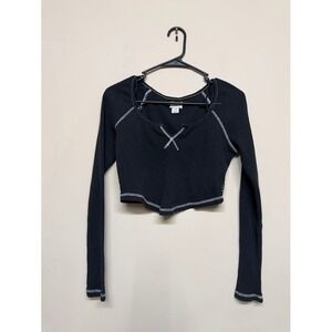 BDG Urban Outfitters Thermal Crop Top Large Black Waffle Knit Long Sleeve
